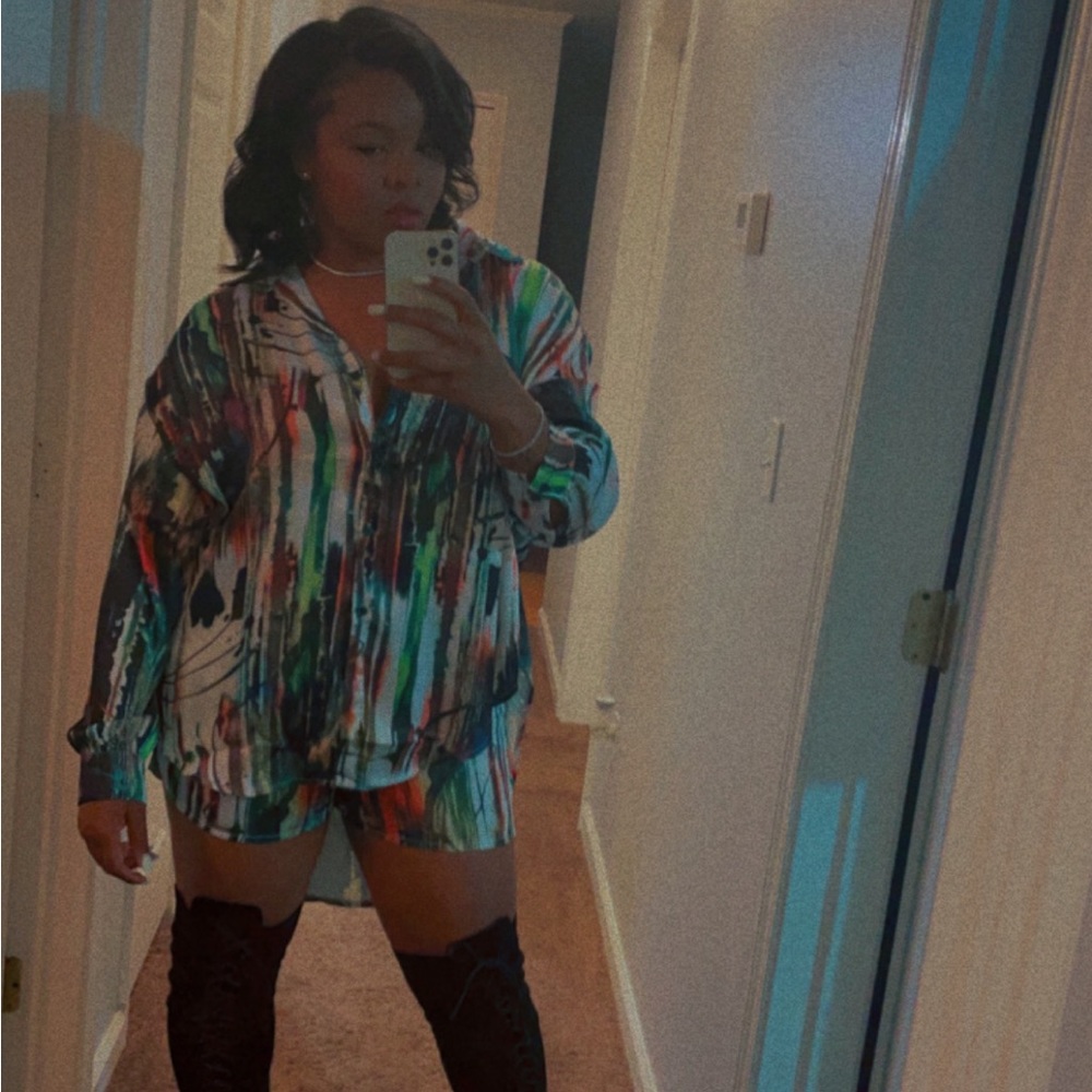 A multi color 2 piece silk set